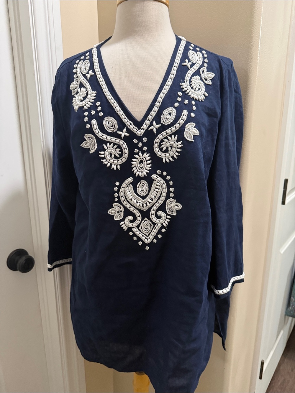 Charter Club Navy Tunic with White Embroidered V-Neck